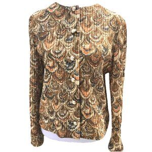 Vtg Leslie Fay Knit Blazer Jacket Blouse Tunic Women's Geo Fan Peacock 70s Mod M